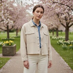 ZARA Cream Beige Cropped Frayed Hem Denim Cotton Jacket Utility Casual Boxy XL